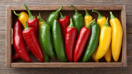 Cooking fresh chili hot and bell peppers in rustic crate topdown view vibrant colors for culinary inspiration