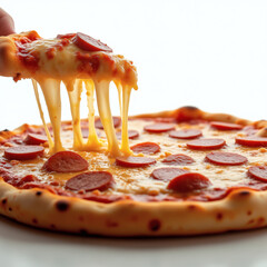Close-up of a pepperoni pizza with melting cheese being lifted, showcasing a delicious and appetizing food item with a focus on texture and detail for food.
