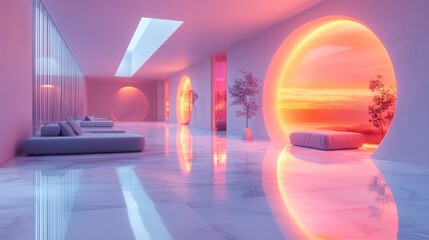 Modern interior with curved walls, circular windows, and soft lighting, creating a futuristic and serene space with a focus on minimalist design and natural beauty for architecture.