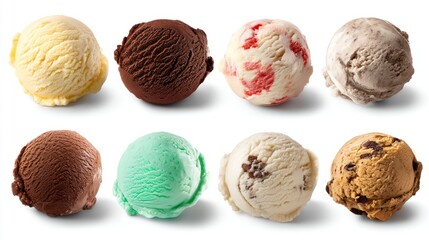 Eight Delicious Scoops of Ice Cream in Various Flavors isolated on white background
