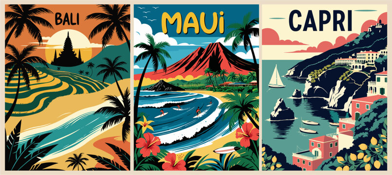 Fototapeta Set of travel destination posters in retro style. Maui, Hawaii, Bali, Indonesia, Capri, Italy landscape vector art illustrations