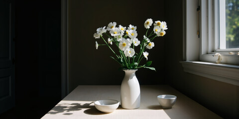 Still life of white flowers in a vase on a table with bowls near a window, showcasing a simple and elegant interior scene with natural light and shadows for plants & flowers.