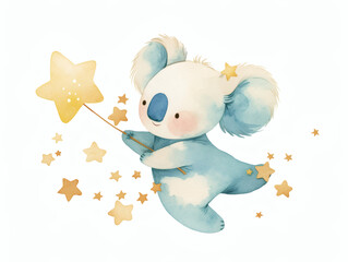 An illustration of a cute koala holding a star wand surrounded by stars, creating a whimsical and playful scene with a focus on animals and fantasy for animals.