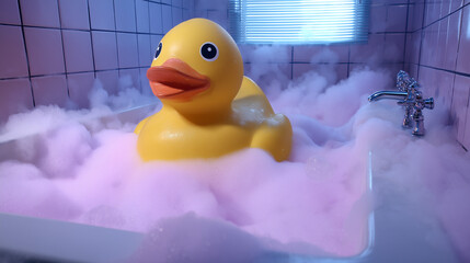 Enormous rubber duck plunging into a bubble-filled pool adds whimsy and charm to any space
