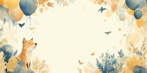 An illustration of a fox surrounded by balloons, flowers, and birds, creating a festive and nature-themed background with a focus on celebration and joy for graphic resources.