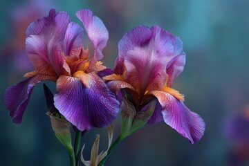 Rich purple iris with velvety petals on a dreamy blurred background, artistic and sophisticated floral art
