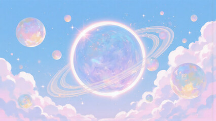 Illustration of pastel-colored planets with iridescent rings floating amidst soft clouds against a light blue sky, creating a dreamy and celestial scene with glowing effects for industry.