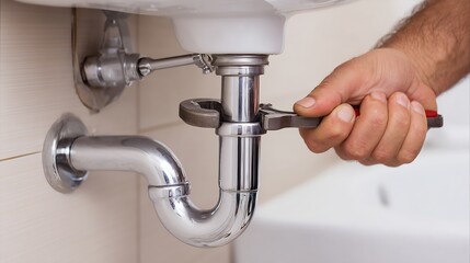 Plumber repairs leaking sink pipe using wrench for effective drain replacement and pipe cleaning in home bathroom during afternoon hours