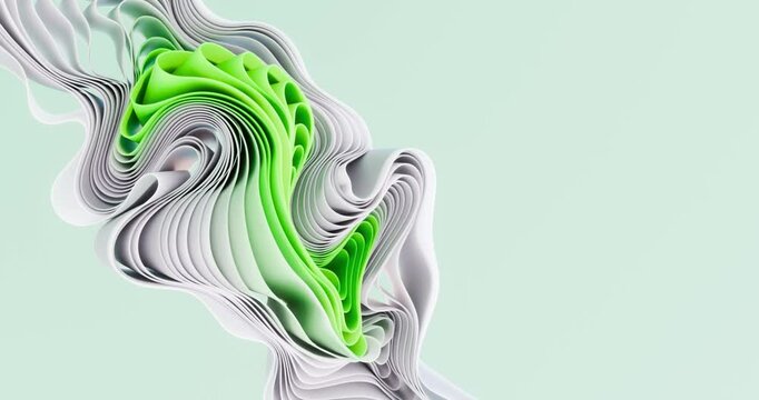 A series of white and green cloth strips arranged in a spiral shape and floating gently. Concept of movement and fluidity. Trendy modern image in Windows 11 style