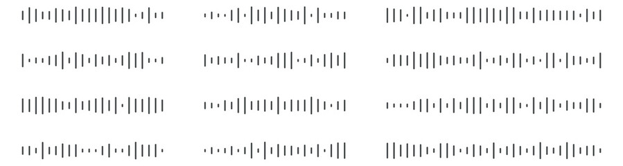 Podcast sound waves. Audio waveforms line icons, sound wave frequency or voice microphone signals. Music, podcast and broadcast, UI and audio branding design. Isolated vector set.