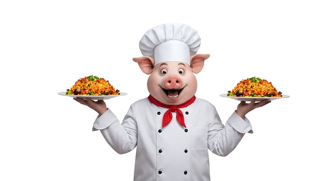 vector art line of cute pig face with costume cheft and cooking apron show dish suitable for mockup and logo product of team isolated white background