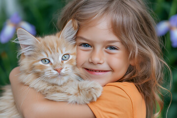 Girl happy smiling 5-7 years old hugging ginger cat in garden