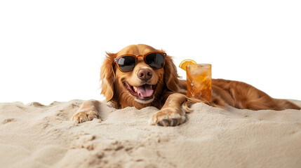 A golden retriever enjoys summer vibes on the beach, isolated, created with AI