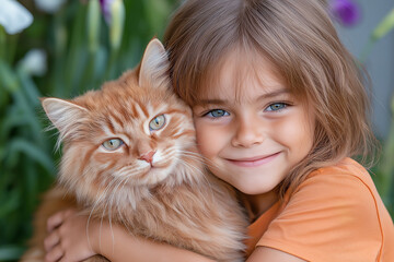 Girl happy smiling 5-7 years old hugging ginger cat in garden