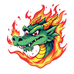 Vsai green dragon breathing fire with angry expression