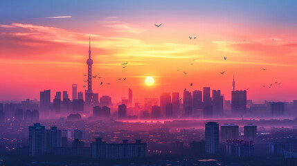 Obraz premium Dramatic Downtown Skyline Poster Background: Modern Urban Architecture with Neon Lights & Dynamic Night Views.