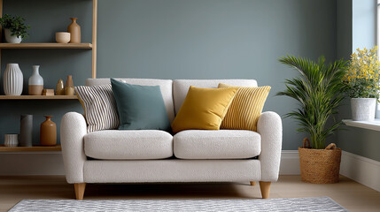 Cozy designer lounge with geometric rug, textured pastel sofa, and mock-up poster frame on wall

