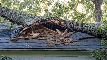 Collapsed tree damaging house roof, highlighting urgent emergency repair needs and serious safety concerns 
