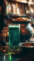 Unique Green Beverage Next to a Pot of Gold Coins at a Festive Gathering in a Cozy Pub.