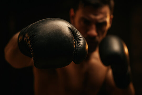 Focused boxer prepares to strike, showcasing determination and strength with gloved fists raised in powerful stance. dramatic lighting highlights intensity of moment