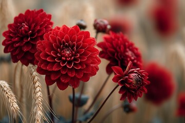 Rustic red dahlias on a blurred wheat field background, Thanksgiving centerpiece inspiration, natural and inviting fall decor