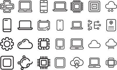 Essential Technology Computing Cloud Server Outline Line Icons Set