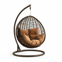 A cozy hanging chair with plush cushions and a sleek frame, isolated on a white background