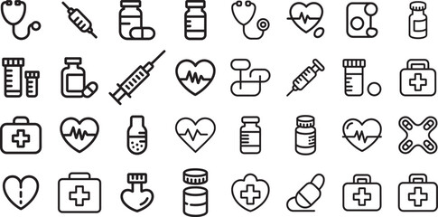 Crucial Medical Healthcare Hospital Outline Line Icons Set