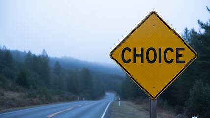 Road sign with the word choice representing the crossroads decision and options ahead on a journey