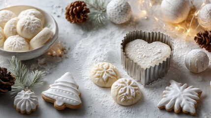 Fototapeta premium Festive holiday cookies arranged on a snowy surface with decorative elements and warm lights