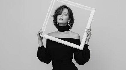 Woman posing elegantly with a picture frame in a minimalist studio setting during a fashion photoshoot