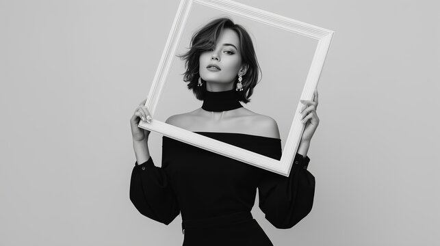 Woman posing elegantly with a picture frame in a minimalist studio setting during a fashion photoshoot