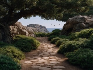 Tranquil nature pathway winding through lush greenery and ancient rocks leading towards a serene coastline with birds soaring in the clear sky creating a peaceful outdoor landscape