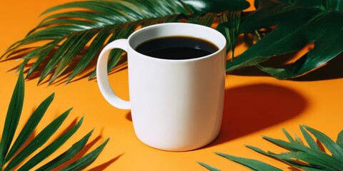 White Mug of Black Coffee on Bright Orange and White Background with Green Leaves