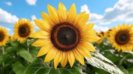 Fototapeta premium Bright Sunflower in a Field Under Blue Sky