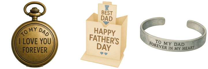A collection of three Father's Day gifts: a pocket watch engraved with a loving message, a greeting card in a box, and a metal bracelet with an engraved dedication.