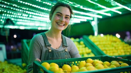 Obraz premium Young Woman Smiling While Holding a Basket of Fresh Lemons in a Grocery Store.