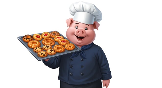 vector art line of cute pig face with costume cheft and cooking apron show dish suitable for mockup and logo product of team isolated white background