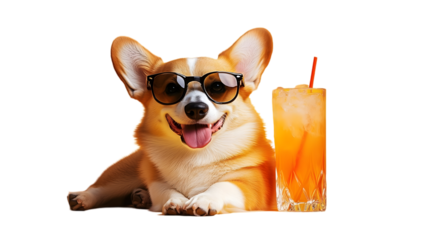 Sunglass-wearing corgi lounges by a drink, PNG, created with AI