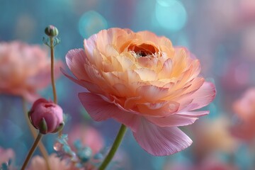 Soft peach ranunculus flower centered on a glowing backdrop, delicate and romantic floral aesthetic