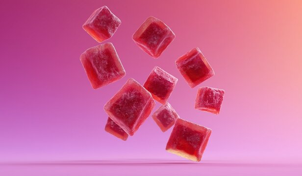 Flying candy cubes and red gummy candies falling through the air isolated on pastel background, floating jello blocks in space for surreal dessert or advertising concept