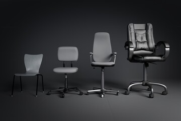 Obraz premium Career Progression Concept - Four Office Chairs Representing Professional Growth and Hierarchy. 3D rendering image.