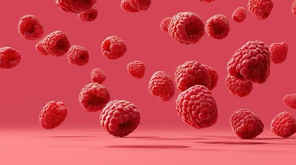 Fototapeta premium Fresh raspberries of different sizes falling mid-air against a solid pink background, vibrant and soft-toned composition for natural food or healthy lifestyle concepts