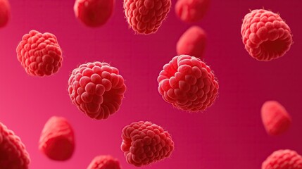 Fresh raspberries floating mid-air against a bold magenta background, vibrant and surreal composition for natural food or healthy lifestyle concepts