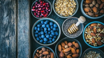 Assorted bowls of healthy food, top view