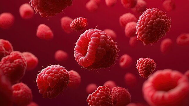 Fresh raspberries floating in mid-air against a clean red background, minimalist composition with simple negative space for natural food or healthy lifestyle concepts
