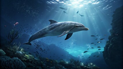 Fototapeta premium Majestic Dolphin Swims Through Vibrant Coral Reef Ocean Wildlife Underwater Scene
