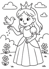 Coloring book princess with a crown smiles as a sweet bird perches on her hand in a charming garden