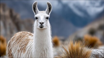 Obraz premium White llama is standing in a field of tall grass. The image has a peaceful and serene mood, as the llama is the only animal visible in the scene