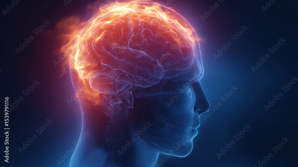 Poster Overheated Brain Symbol Glows Within a Human Head Illustrating Intense Mental Activity With Soft Gradients in the Background